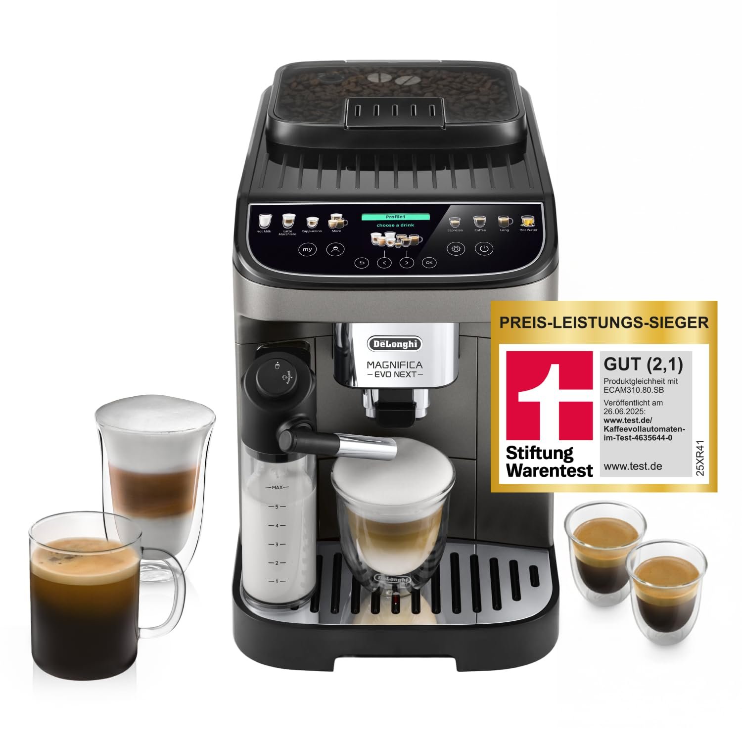 61uzL8kRTpL De'Longhi Magnifica Evo Next Kaffeevollautomat 13 Getränke Touch-Display 3 Profile Titan – Bild 1