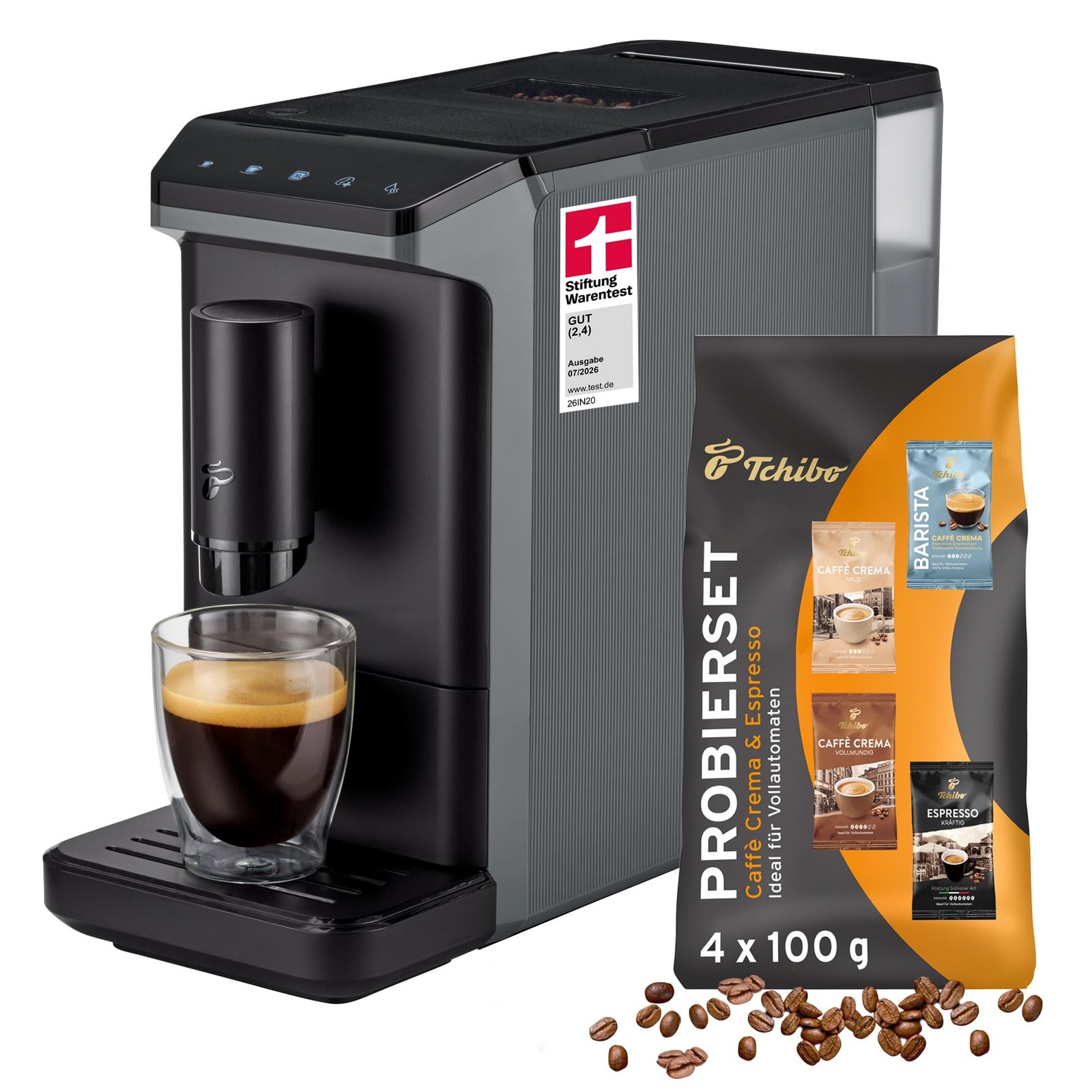 71LY8V4iE3L Tchibo Esperto mini Kaffeevollautomat mit Mahlwerk, kompakte Kaffeemaschine mit Touch-Display, Grau – Bild 1