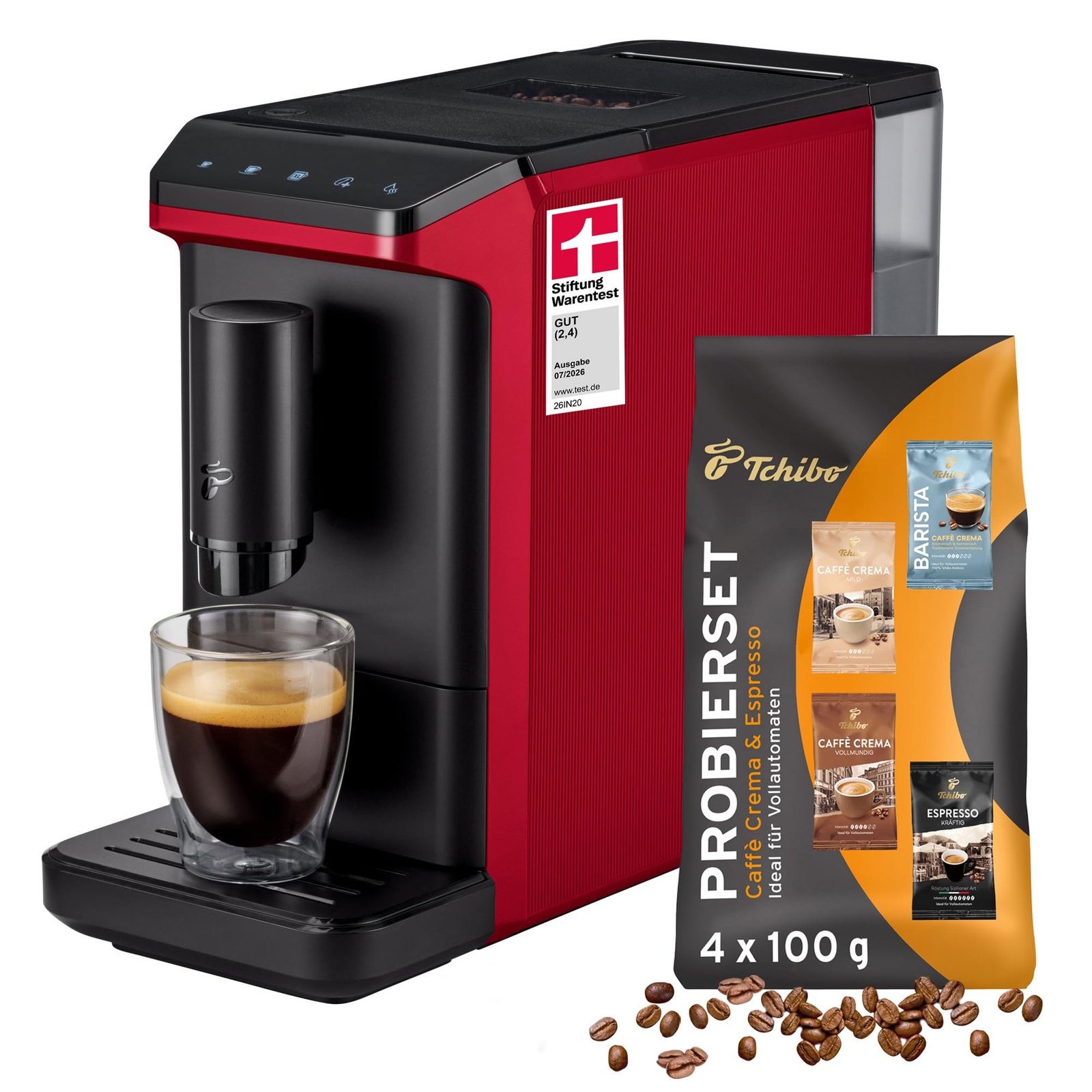 71jXeg_xz6L Tchibo Esperto mini Kaffeevollautomat Rot mit Mahlwerk & Kaffeeprobierset, Touch-Display, kompakt – Bild 1